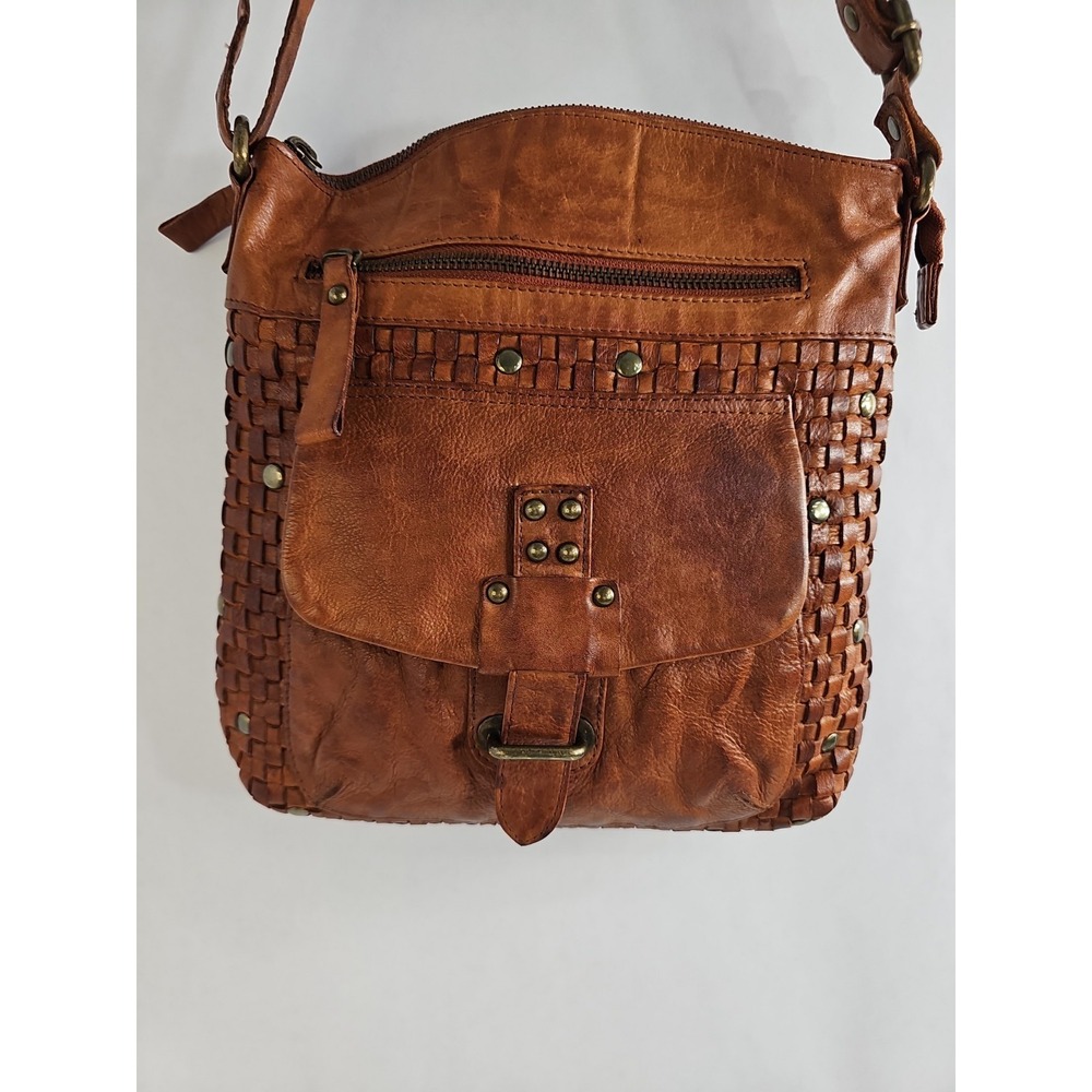 Harbour 2nd Tuula Woven Distressed Leather Crossbody Bag Purse Brown Cognac‎